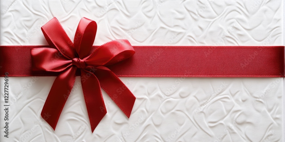 Poster elegant gift box with red ribbon on textured white background featuring blank space for custom invit