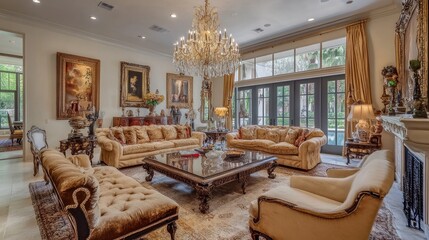 Fototapeta premium A luxurious living room with a chandelier, plush sofas, and elegant dcor, creating a warm and inviting space for entertaining guests.