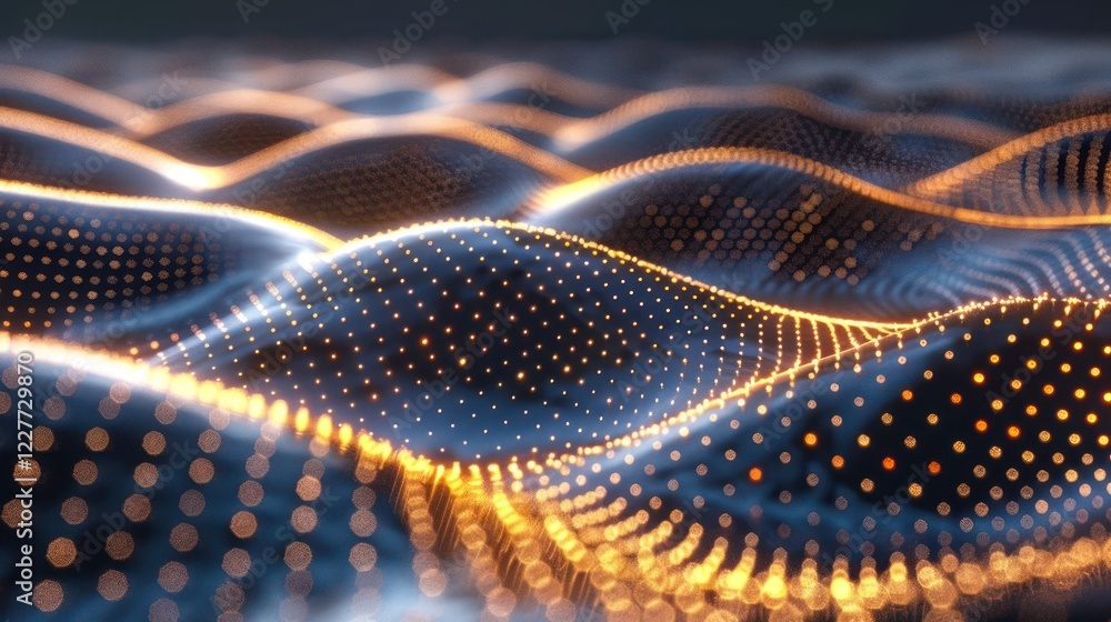 Poster abstract representation of glowing wave patterns with dots and light effects in a digital landscape