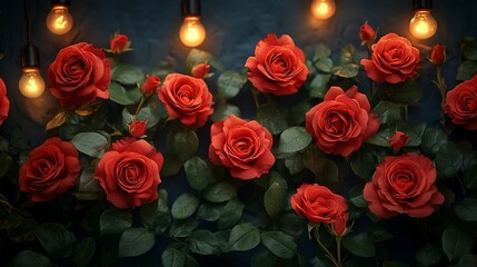 Obraz premium Romantic Red Roses Illuminated by Warm Lights