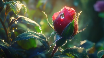 Dew-kissed rosebud sunrise garden bloom