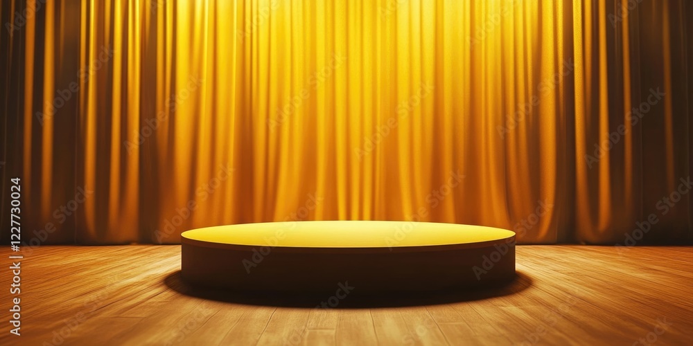 Poster elegant empty podium stage with yellow backdrop ideal for presentations or events featuring copy spa