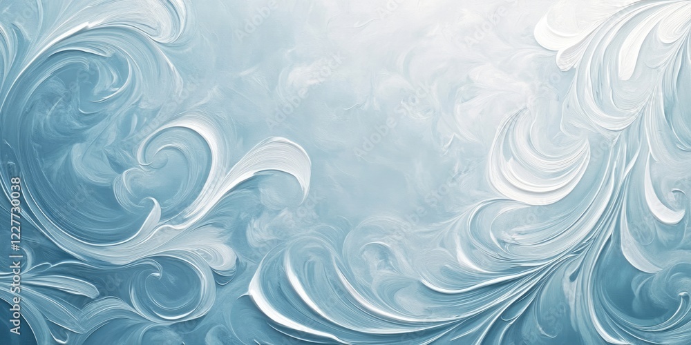 Poster elegant light blue background with flowing white swirls and ample empty space for text or branding p
