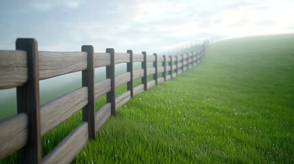 Fototapeta premium A serene, wide shot of a wooden fence winding through a foggy field