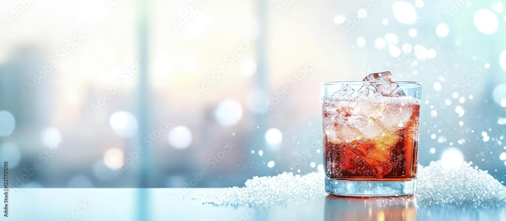 Poster glass of refreshing soda with ice in a winter setting, accented by sparkling bokeh and ample copy sp