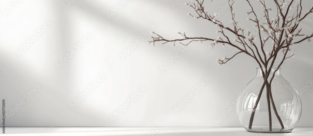 Poster glass vase with wooden branches on a white surface in minimalist setting for design mockup and text 