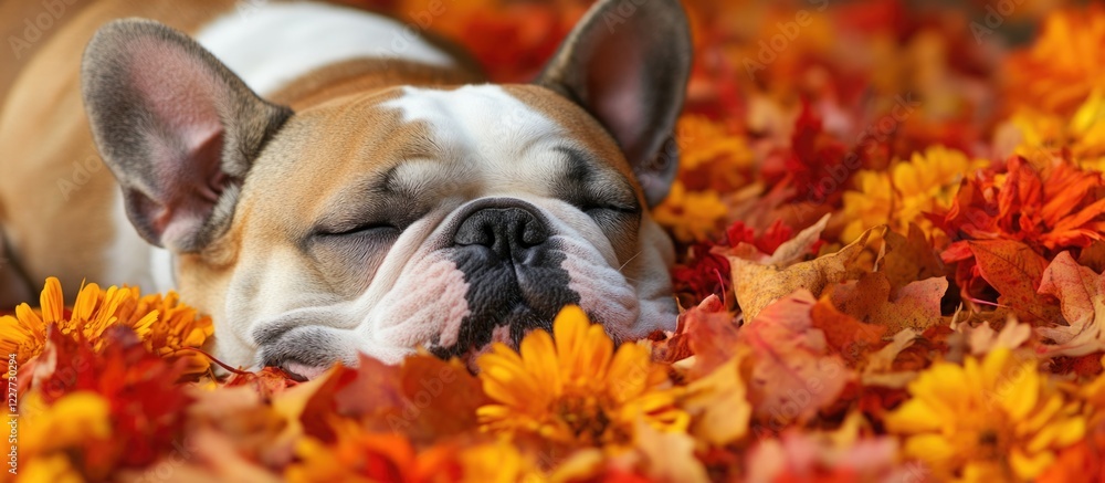 Poster english bulldog resting in colorful autumn leaves and flowers creating a serene atmosphere with spac