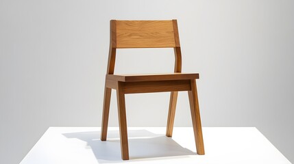 57. A minimalist wooden dining chair with simple lines and a polished finish, placed on a white surface