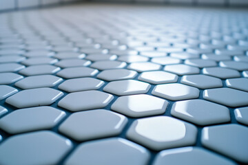 Nahaufnahme von weissen Mosaikfliesen als Badezimmerboden. 