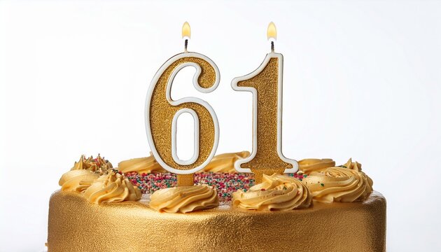 Decorated gold cake for birthday or anniversary party, candle number 61, white background