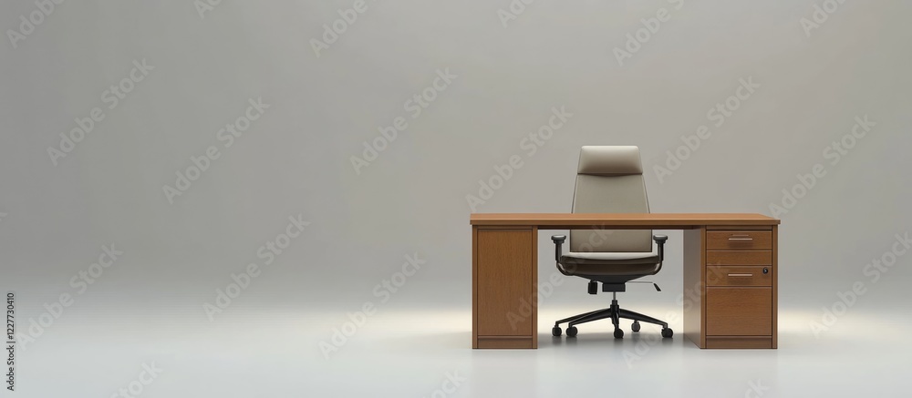 Poster compact desk and chair setup in a minimalistic workspace with ample empty space for text insertion o