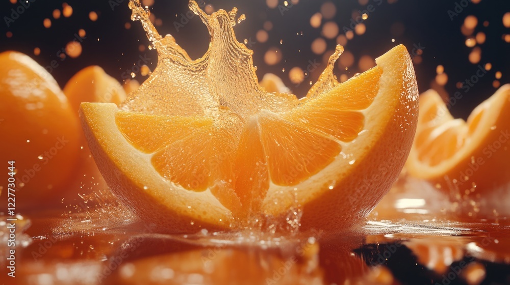 Poster freshly sliced orange releasing juice with dynamic splashes creating a vibrant and refreshing visual