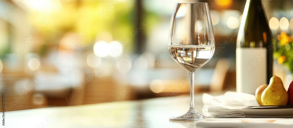 Poster glass of water on kitchen sink with blurred background and ample copy space for branding or text pla