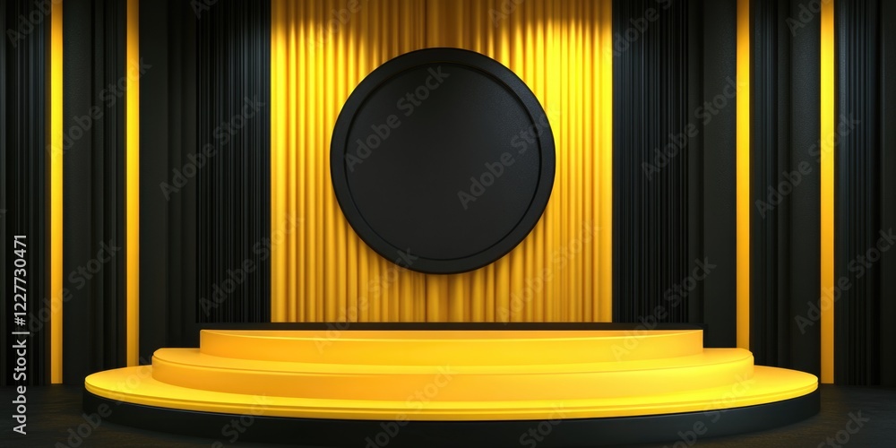 Poster empty podium stage with yellow backdrop and circular frame for text ideal for presentations and even