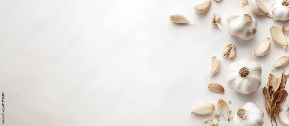 Poster garlic cloves and bulbs arranged on a neutral background with ample space for text highlighting culi