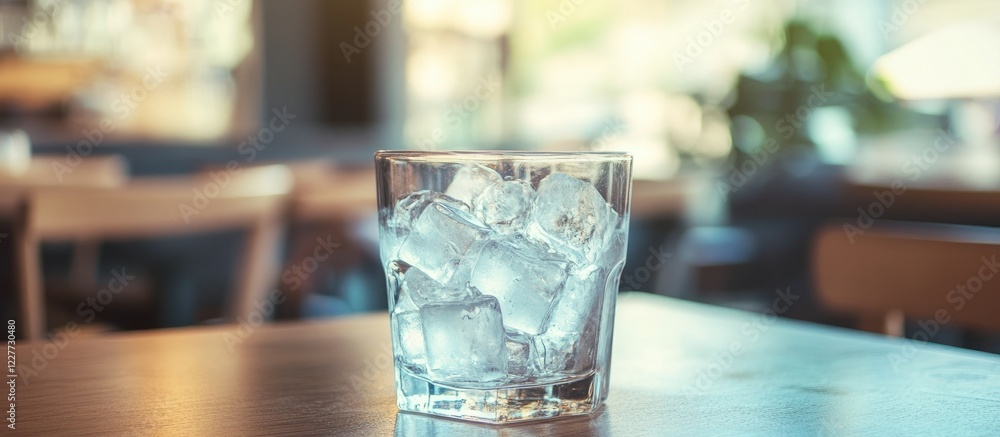 Poster glass of ice cubes on wooden table in a cafe with blurred background and empty space for text or bra