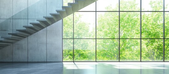 Modern architectural interior featuring a glass wall, staircase, and lush greenery visible through windows with ample space for text placement.