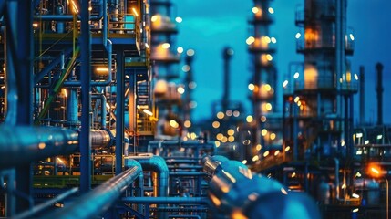 Fototapeta premium Industrial landscape at dusk showcasing illuminated pipes and structures in a refinery setting