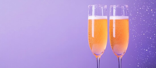 Apricot champagne flutes on vibrant purple backdrop with sparkling accents perfect for festive celebrations or promotional content