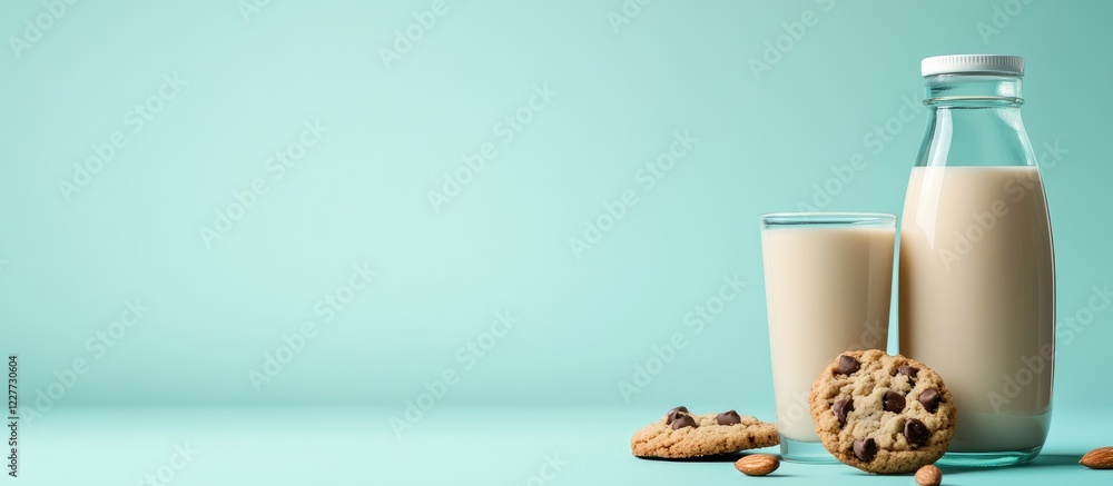 Aufkleber milk and cookies setup with a bottle of almond milk on a teal background empty space for text or bra