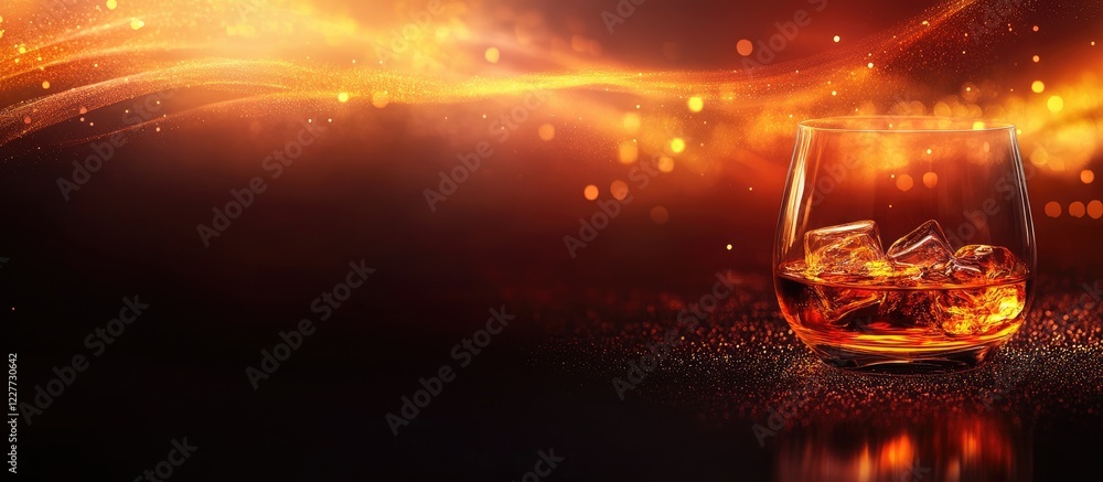 Poster whiskey glass with ice and vibrant flames in the background creating a warm ambiance with ample empt