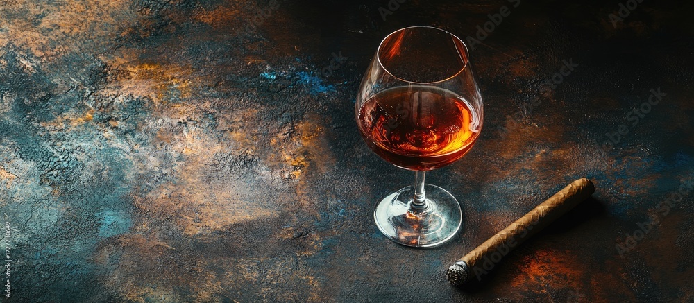 Poster cognac in glass and cigar on dark textured background with ample space for text or branding on a sop