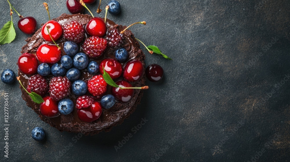Poster chocolate cake adorned with cherries and blueberries on dark concrete surface with ample copy space 