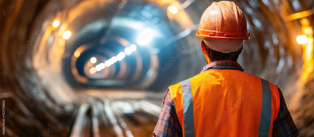 Poster engineer overseeing underground power construction project with space for text in a dark tunnel envi