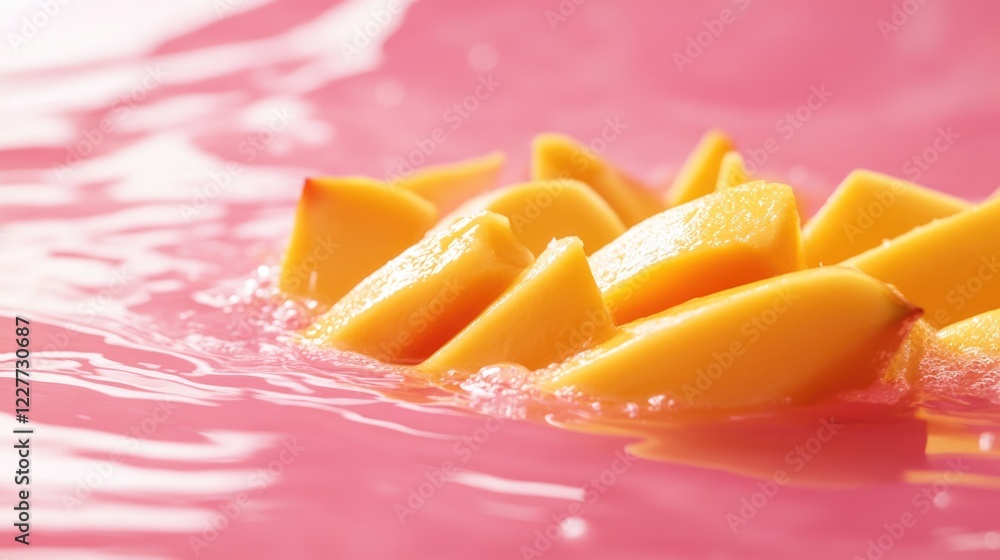 Poster sliced mango pieces floating on tranquil water against a soft pink background creating a vibrant and