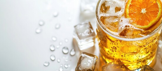 Refreshing beverage in a glass with ice cubes and orange slice on a light background ideal for summer promotions or beverage advertisements