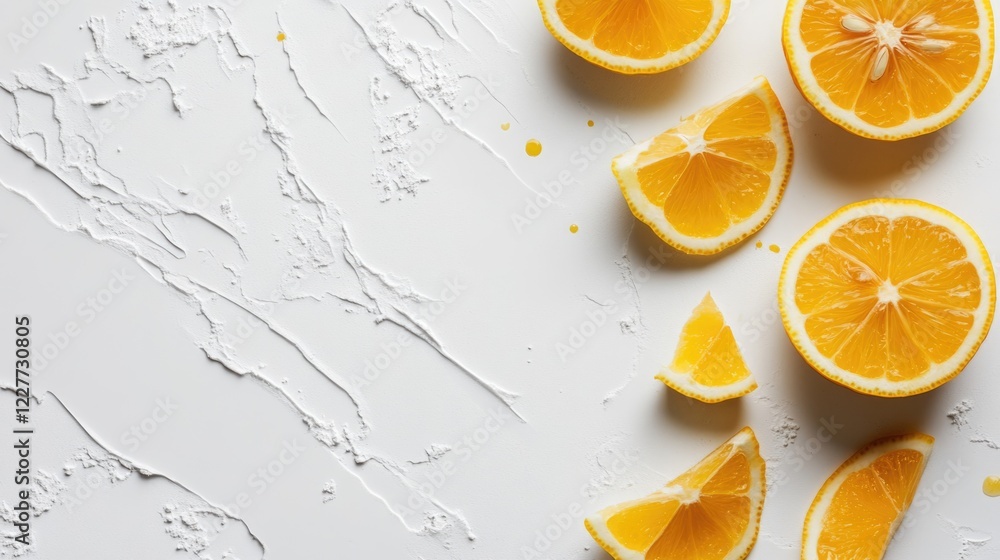 Poster vibrant sliced lemons displayed on a light background with a textured surface