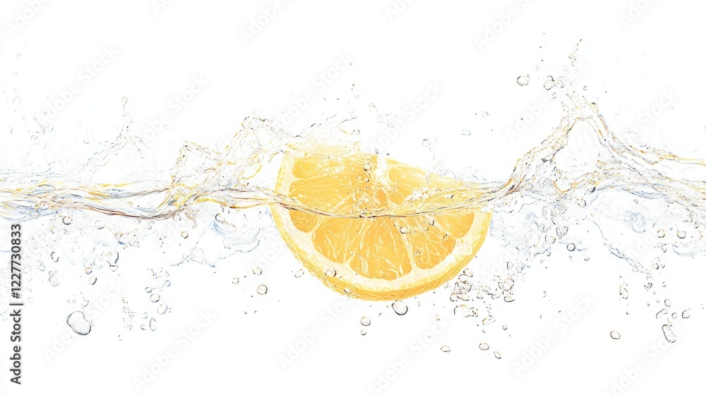 Poster sliced lemon splashing into clear water on white background creating dynamic water droplets and refr