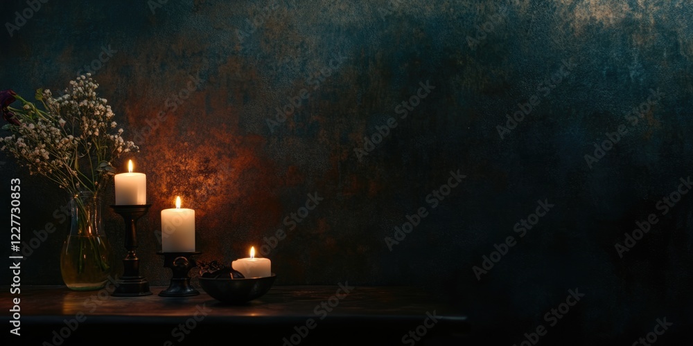 Poster elegant evening table arrangement with candles and floral decor in a richly textured background feat