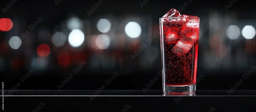 Poster refreshing glass of red beverage with ice on bar counter against blurred background with empty space