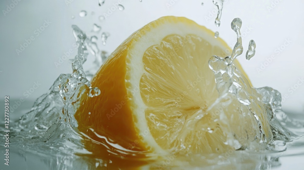 Poster sliced lemon splashing into clear water on a white background creating vibrant splash effects and re