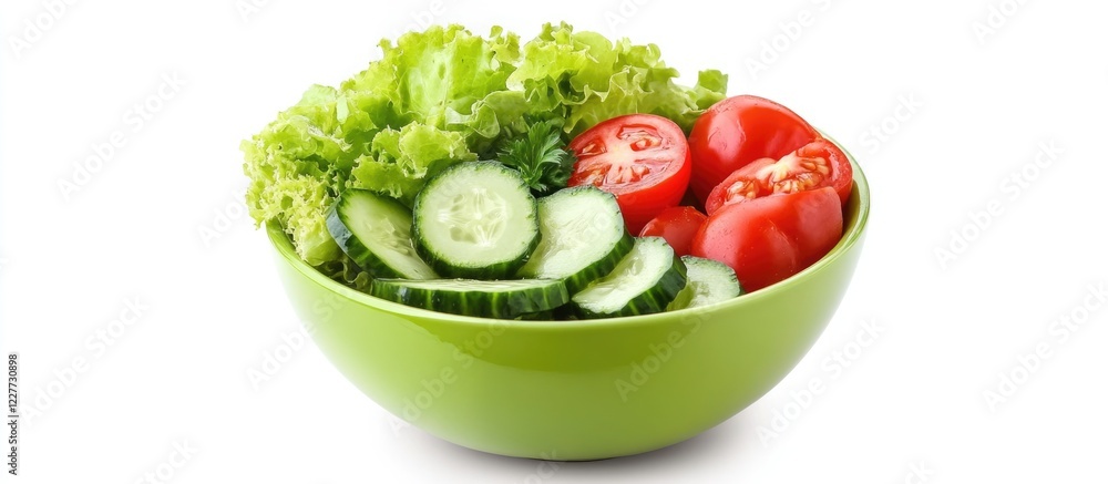 Poster fresh salad bowl with crisp lettuce cucumbers and juicy tomatoes on white background featuring empty