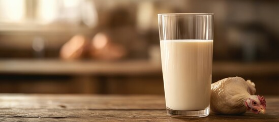 Glass of milk with fresh chicken and empty space for text in rustic kitchen setting inviting culinary creativity and healthy lifestyle