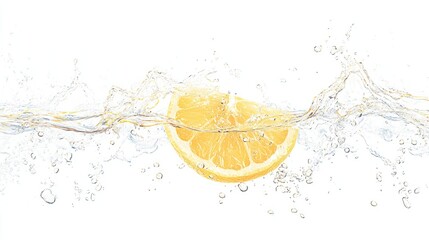 Sliced lemon splashing into clear water on white background creating dynamic water droplets and refreshing visuals