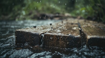 Rainfall on wooden planks in a serene stream nature lush green environment close-up viewpoint capturing tranquility
