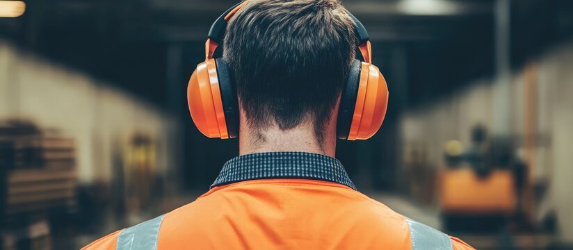 Engineer in safety gear with hearing protection at construction site focused on work environment and safety practices