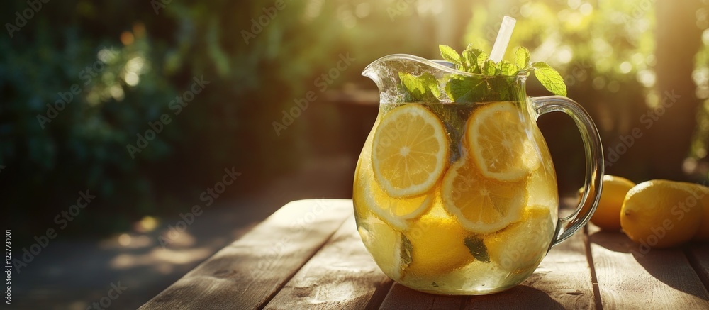 Poster refreshing glass pitcher of lemonade with lemon slices and mint on a garden table in sunlight with a