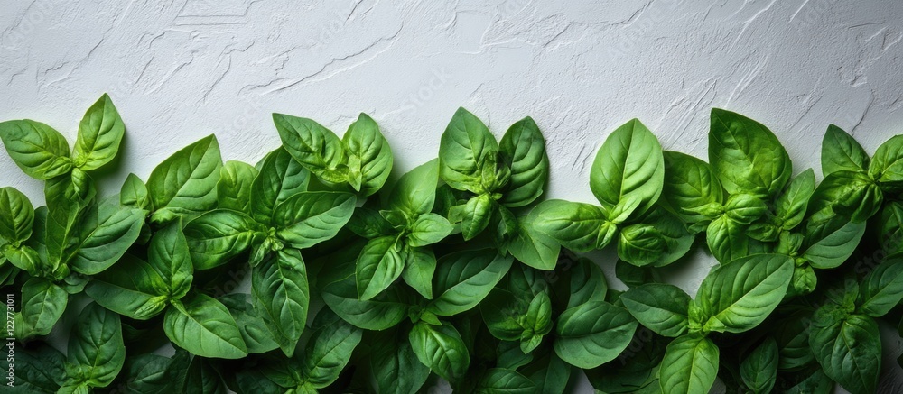 Poster vibrant basil leaves arranged on a textured white background with ample copy space for text or desig