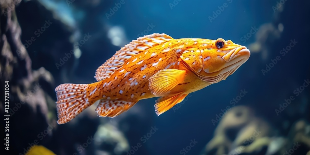 Aufkleber vibrant grouper fish gliding through serene ocean waters with customizable empty space for text and 