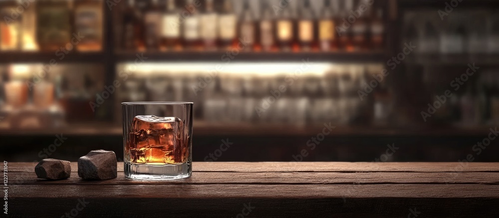 Poster glass of whiskey on vintage bar counter with empty space for text background focused on beverage and