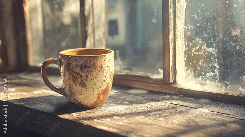 Poster Chipped coffee mug on rustic windowsill illuminated by sunlight with dust and stains in a warm kitchen setting offering empty text space