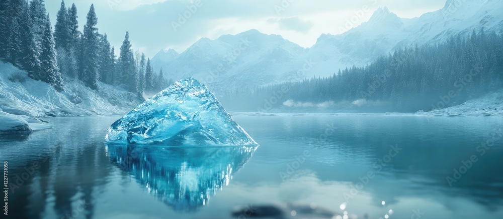 Poster luminous iceberg reflected in pristine lake surrounded by snowy mountains with clear blue skies and 