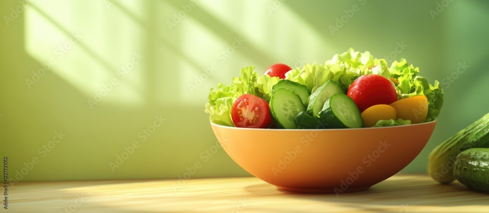Poster fresh and vibrant salad bowl featuring lettuce cucumbers and tomatoes with natural light and empty s