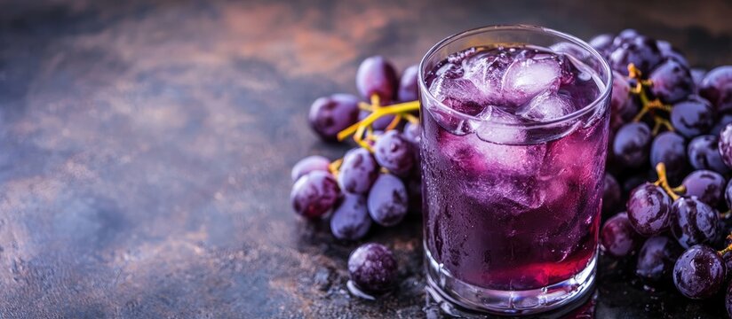 Refreshing grape juice on ice with clusters of grapes and ample empty space for text or branding opportunities