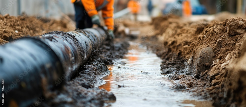 Poster engineer evaluating water pipeline installation in a construction site with muddy terrain and worker