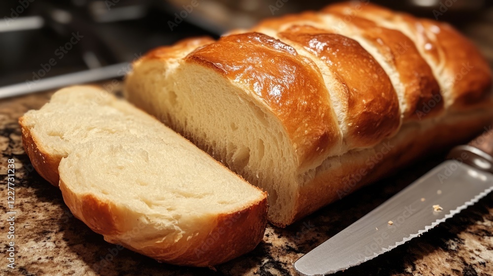 Poster freshly sliced homemade sourdough bread on a countertop with a sharp knife ready for serving.